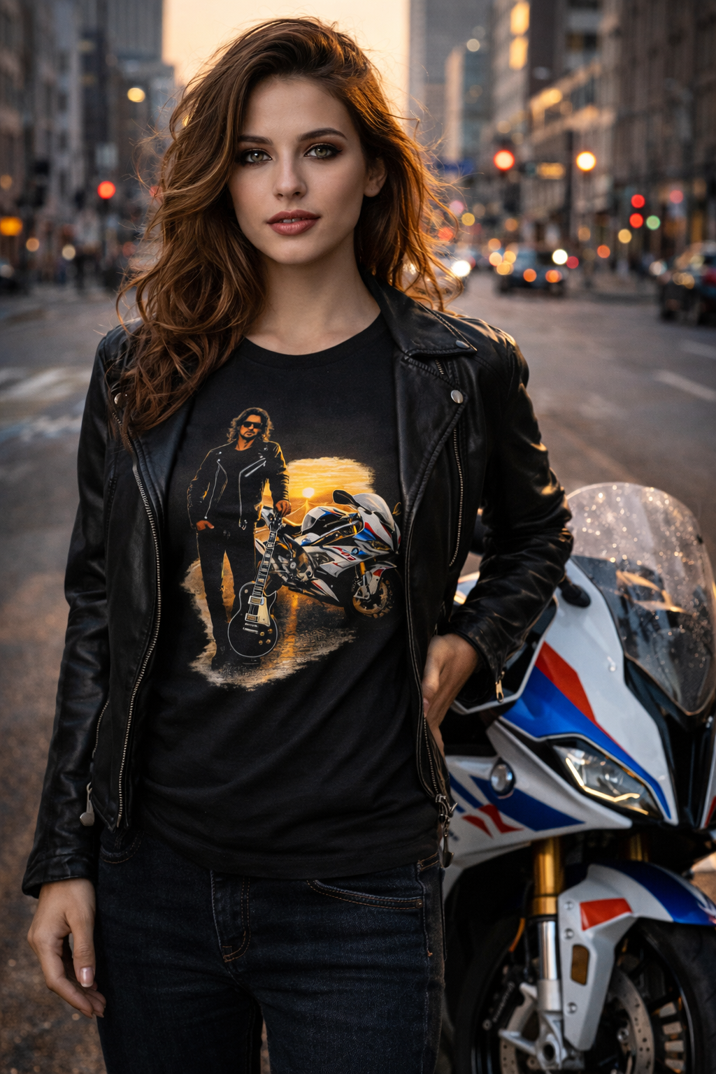 T-shirt Unisexe épais - Biker Guitar et Sunset Américain