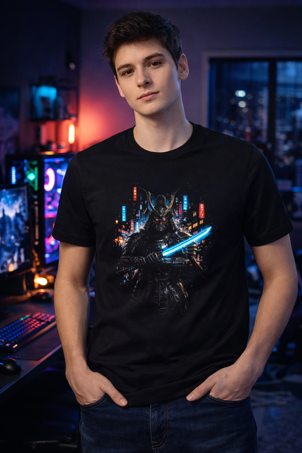 T-shirt Unisexe épais Cyber Samouraï dans Neo Tokyo